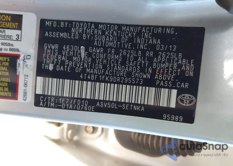 2013 Toyota Camry Le из США, поврежденный, VIN 4T4BF1FK9DR295573